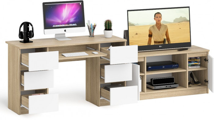 Мори Стол компьютерный МС-2 + Тумба МТВ1200.1, цвет дуб сонома/белый, ШхГхВ 255,8х50х76,6 см., универсальная сборка