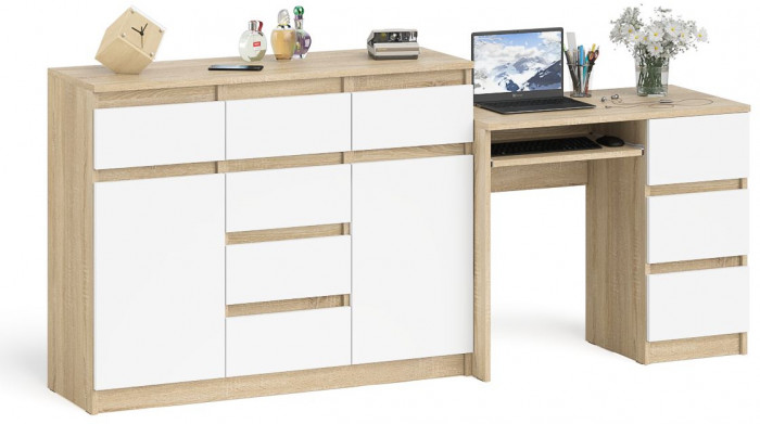 Мори Стол компьютерный МС-6 правый + Комод МК1200.4, цвет дуб сонома/белый, ШхГхВ 210,4х50х94 см., выдвижные ящики справа, НЕ универсальная сборка