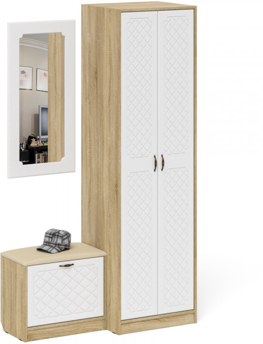 Прихожая П-6 Компоновка № 11, дуб сонома/фасады МДФ белое дерево фрезеровка ромб