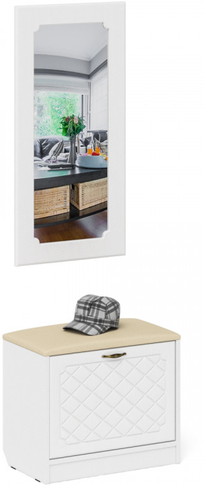 Прихожая П-6 Тумба + Зеркало, цвет белая шагрень/фасады МДФ белое дерево фрезеровка ромб, ШхГхВ 60х35х200 см.