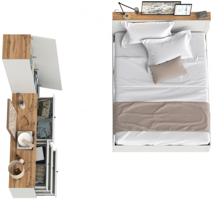 Остин 11.53 Кровать + ортопед + 13.227 Шкаф-пенал + 16.240 Комод, белый шагрень/дуб крафт золотой