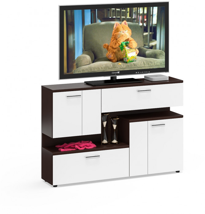 Тумба ТВ С-МД-С1-1400, цвет венге/белый шагрень, ШхГхВ 140х30х93 см., НЕ универсальная сборка