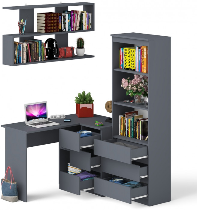 Мори компьютерный стол МС-16 правый + Стеллаж МСТ600.3 + Полка 1200, графит