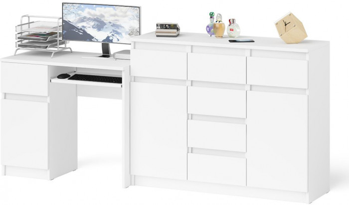 Мори Стол компьютерный МС-1 левый + Комод МК1200.4, цвет белый, ШхГхВ 210,4х50х94 см., выдвижной ящик слева, НЕ универсальная сборка