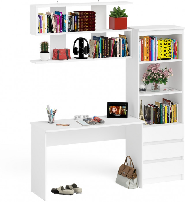 Мори письменный стол МСП1200.1 + Стеллаж МСТ600.3 + Полка 1200, белый