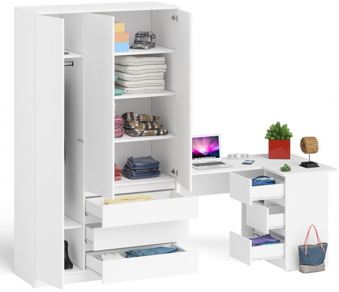 Мори Стол компьютерный МС-16 правый + Шкаф МШ1200.1, цвет белый, ШхГхВ 244,8х84,9х209,6 см., выдвижные ящики справа, НЕ универсальная сборка