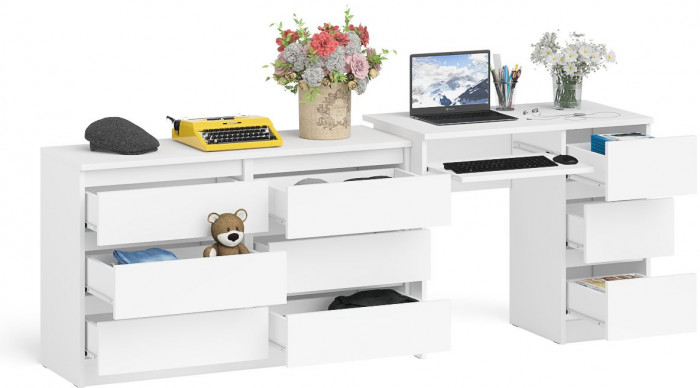Мори Стол компьютерный МС-6 правый + Комод МК1200.6, цвет белый, ШхГхВ 210,4х50х76,6 см., выдвижные ящики справа, НЕ универсальная сборка