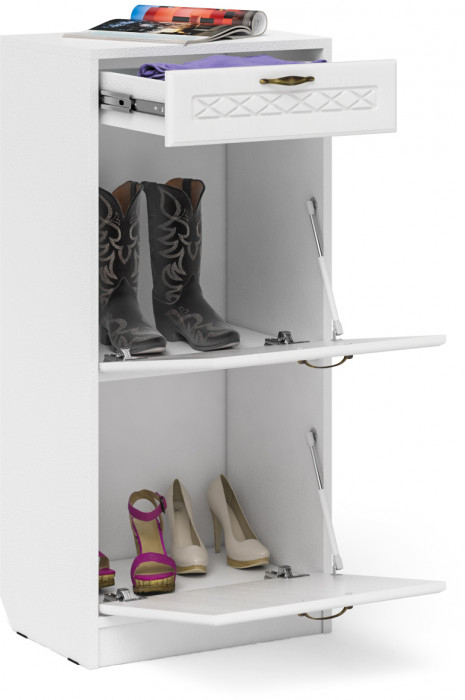 Прихожая П-6 Тумба для обуви 2 секции, белая шагрень/фасады МДФ белое дерево фрезеровка ромб