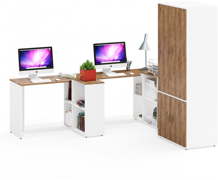 Лидер-8 Стол + Стол + Шкаф МД 19Б + Тумба МД 3.19, белый шагрень/крафт золото