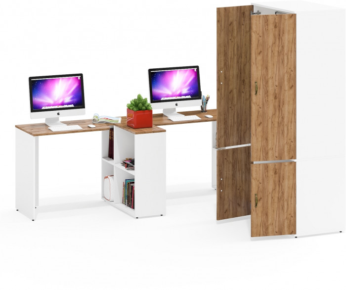 Лидер-8 Стол + Стол + Шкаф МД 19Б + Тумба МД 3.19, белый шагрень/крафт золото