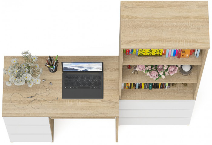 Мори компьютерный стол МС-6 левый + Стеллаж МСТ600.3, дуб сонома/белый