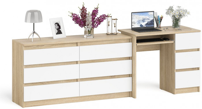 Мори компьютерный стол МС-6 правый + Комод МК1380.6, дуб сонома/белый