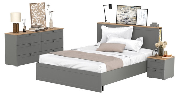 Остин 11.53 Кровать + ортопед + 16.240 Комод + 16.152 Тумба прикроватная, серый графит/дуб крафт золотой