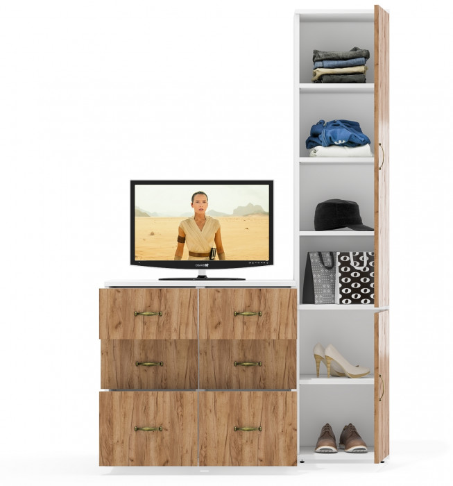 Лидер-8 Пенал МД 22Б + Тумба МД 3.16 + Тумба МД 3.16, цвет белый шагрень/крафт золото, ШхГхВ 120х50х190 см., универсальная сборка