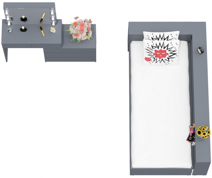 Ксения Кровать с ящиками 0900 + прикроватный блок + Столик с подсветкой 110, графит