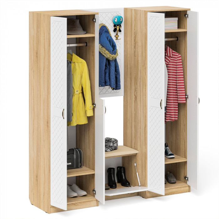 Прихожая П-6 Компоновка № 09, цвет дуб сонома/фасады МДФ белое дерево фрезеровка ромб, ШхГхВ 180х50х210 см., универсальная сборка