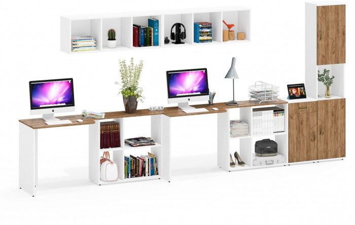 Лидер-8 Стол + Полка + Стол + Полка + Пенал + Тумба МД 3.15, цвет белый шагрень/крафт золото, 410х50/30х75/190 или 230х50/160х75/190 см., НЕ ун. сб.