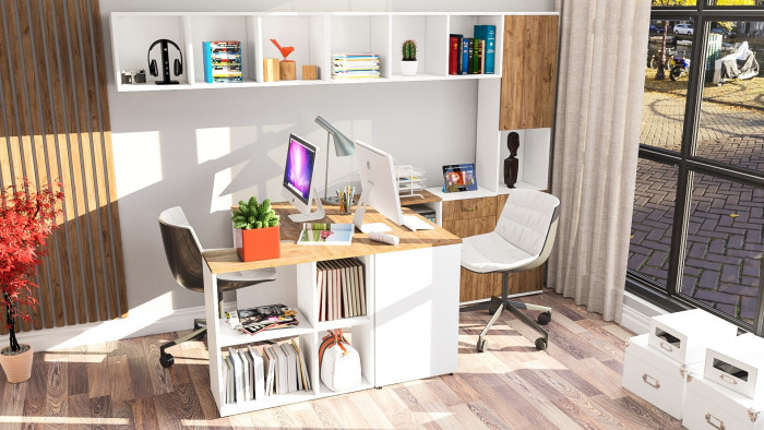 Лидер-8 Стол + Полка + Стол + Полка + Пенал + Тумба МД 3.15, цвет белый шагрень/крафт золото, 410х50/30х75/190 или 230х50/160х75/190 см., НЕ ун. сб.