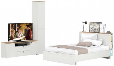 Остин 11.53 Кровать + ортопед + 13.227 Шкаф-пенал + 16.47 Тумба под ТВ, белый шагрень/дуб крафт золотой