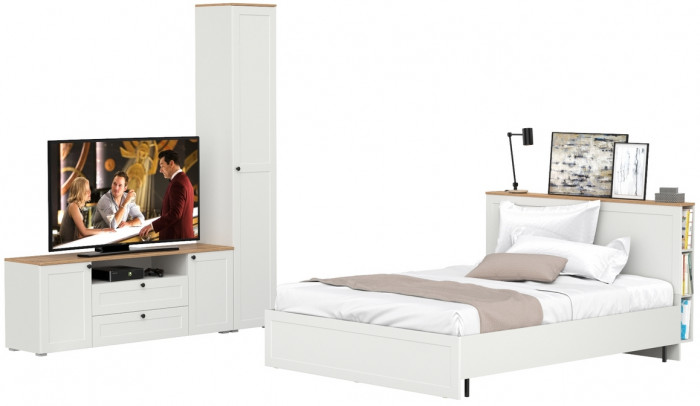 Остин 11.53 Кровать + ортопед + 13.227 Шкаф-пенал + 16.47 Тумба под ТВ, белый шагрень/дуб крафт золотой