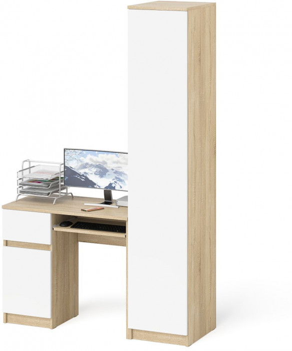 Мори Стол компьютерный МС-1 левый + Пенал МШ400.1, цвет дуб сонома/белый, ШхГхВ 130,4х50,4х209,6 см., выдвижной ящик слева, НЕ универсальная сборка