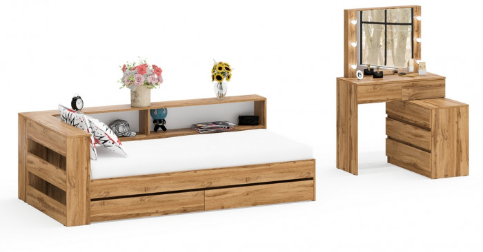 Ксения Кровать с ящиками 0900 + прикроватный блок + Столик с подсветкой 110, дуб вотан