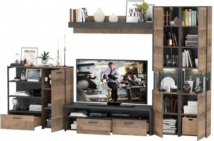 Трувор Гостиная 035, цвет дуб гранж песочный/интра, ШхГхВ 348,4х45,4х210 см., универсальная сборка