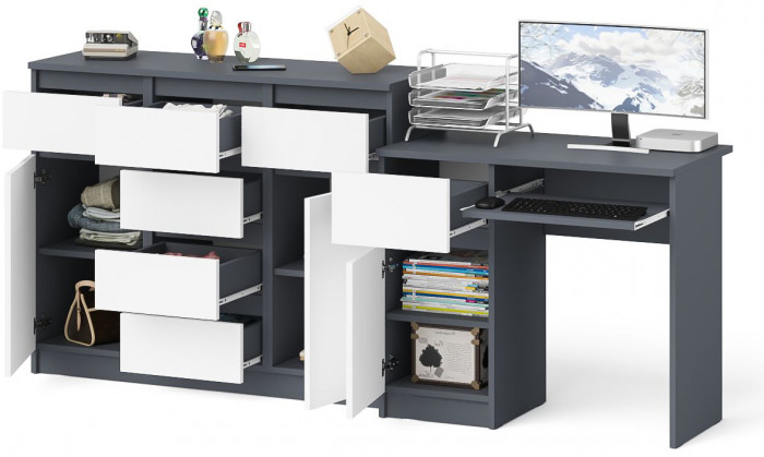 Мори Стол компьютерный МС-1 левый + Комод МК1200.4, цвет графит/белый, ШхГхВ 210,4х50х94 см., выдвижной ящик слева, НЕ универсальная сборка