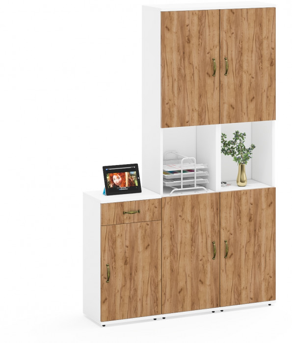 Лидер-8 Пенал + Пенал + Тумба МД 3.15, цвет белый шагрень/крафт золото, ШхГхВ 120х30х190 см., универсальная сборка