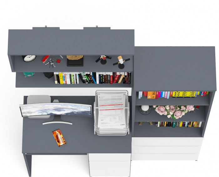 Мори Стол компьютерный МС-1 правый + Стеллаж МСТ600.3 + Полка 900, цвет графит/белый, ШхГхВ 150,4х50х209,6 см., НЕ универсальная сборка