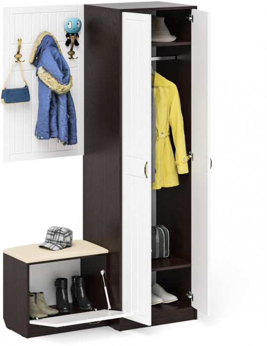 Прихожая П-6 Компоновка № 12, венге/фасады МДФ белое дерево фрезеровка прованс