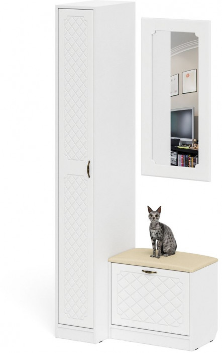 Прихожая П-6 Компоновка № 40, белая шагрень/фасады МДФ белое дерево фрезеровка ромб