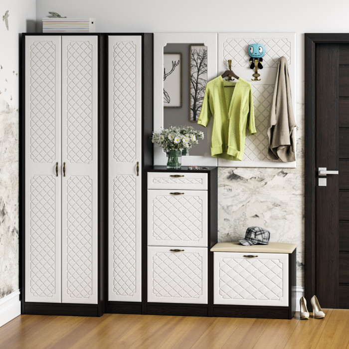 Прихожая П-6 Тумба для обуви 2 секции, венге/фасады МДФ белое дерево фрезеровка ромб