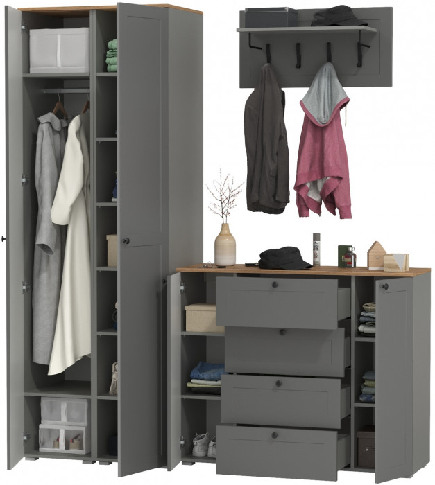 Остин Прихожая 33, цвет серый графит/дуб крафт золотой, ШхГхВ 200х54,3х229,6 см., универсальная сборка