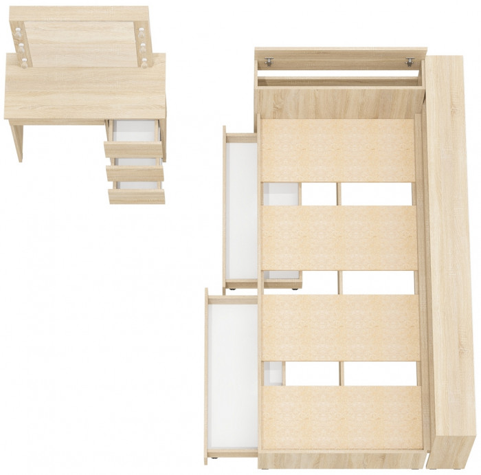 Ксения Кровать с ящиками 0900 + прикроватный блок + Столик с подсветкой Сура, дуб сонома