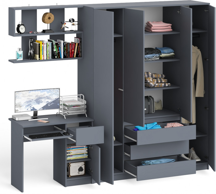 Мори компьютерный стол МС-1 правый + Шкаф МШ1600.1 + Полка 900, графит