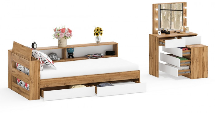 Ксения Кровать с ящиками 0900 + прикроватный блок + Столик с подсветкой 110, дуб вотан/белый