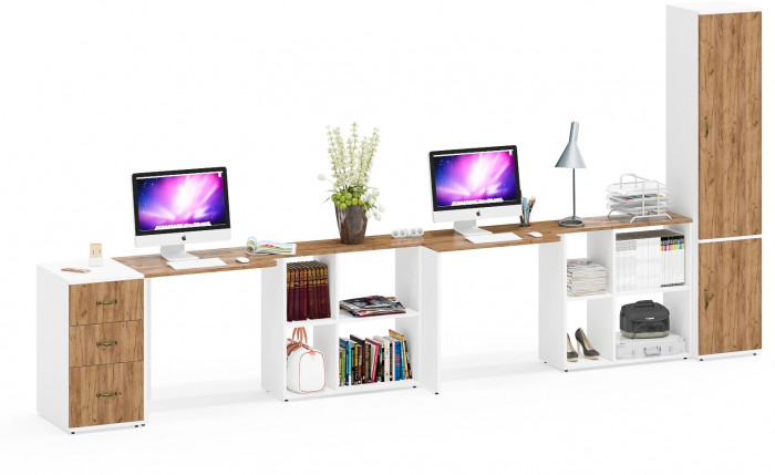 Лидер-8 Стол + Стол + Пенал МД 22Б + Тумба МД 3.16, белый шагрень/крафт золото