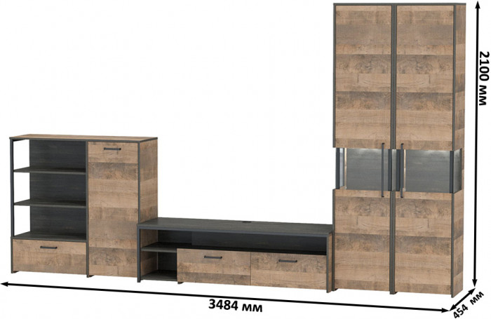 Трувор Гостиная 036, цвет дуб гранж песочный/интра, ШхГхВ 348,4х45,4х210 см., универсальная сборка