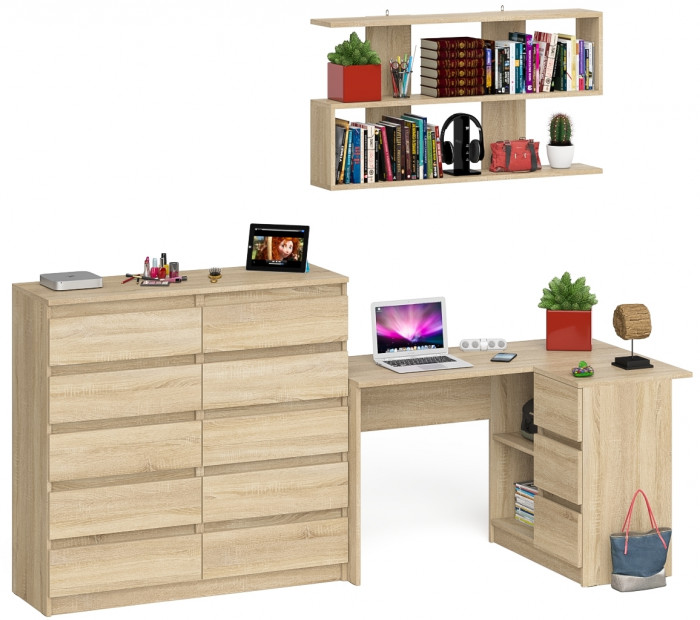 Мори компьютерный стол МС-16 правый + Комод МК1200.10 + Полка 1200, дуб сонома