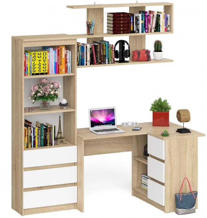Мори компьютерный стол МС-16 правый + Стеллаж МСТ600.3 + Полка 1200, дуб сонома/белый