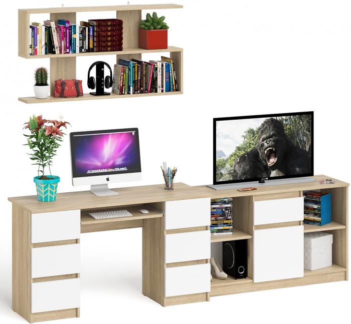 Мори компьютерный стол МС-2 + Тумба МТВ1204.1 + Полка 1200, дуб сонома/белый