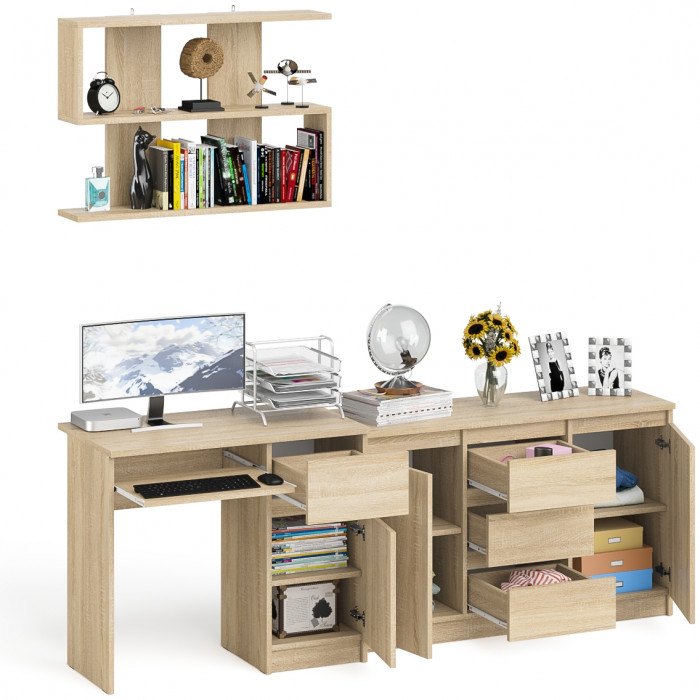 Мори Стол компьютерный МС-1 правый + Комод МК1200.3 + Полка 900, цвет дуб сонома, ШхГхВ 210,4х50х209,6 см., НЕ универсальная сборка