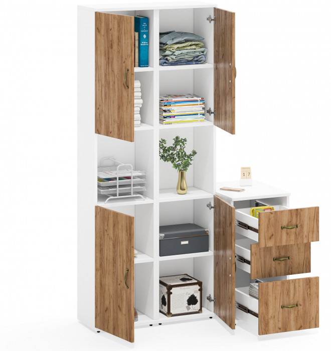 Лидер-8 Пенал + Пенал + Тумба МД 3.16, цвет белый шагрень/крафт золото, ШхГхВ 120х50х190 см., универсальная сборка