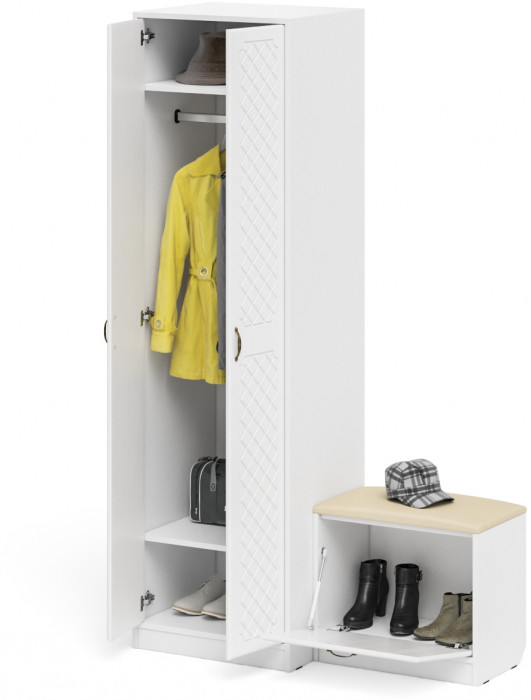 Прихожая П-6 Компоновка № 10, цвет белая шагрень/фасады МДФ белое дерево фрезеровка ромб, ШхГхВ 120х50х210 см., универсальная сборка