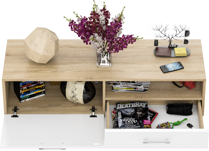 Тумба под ТВ Ларго 1, корпус дуб сонома/фасады МДФ белый глянец