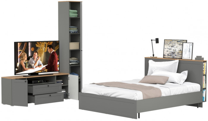 Остин 11.53 Кровать + ортопед + 13.227 Шкаф-пенал + 16.47 Тумба под ТВ, серый графит/дуб крафт золотой