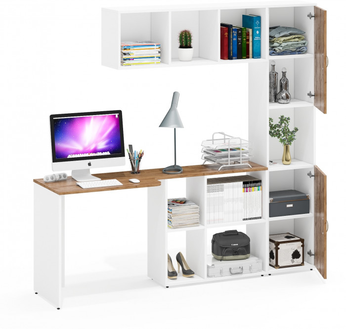 Лидер-8 Стол + Полка + Пенал, цвет белый шагрень/крафт золото, ШхГхВ 205х50/30х75/190 или 115х50/120х75/190 см., НЕ универсальная сборка