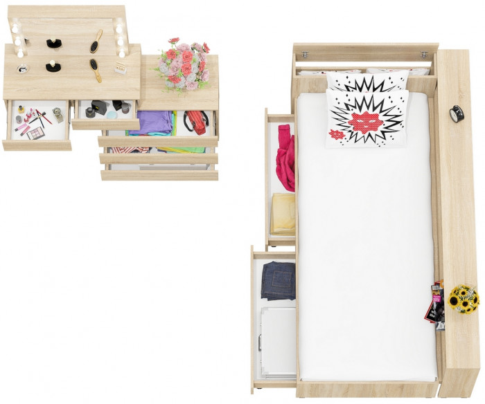 Ксения Кровать с ящиками 0900 + прикроватный блок + Столик с подсветкой 110, дуб сонома