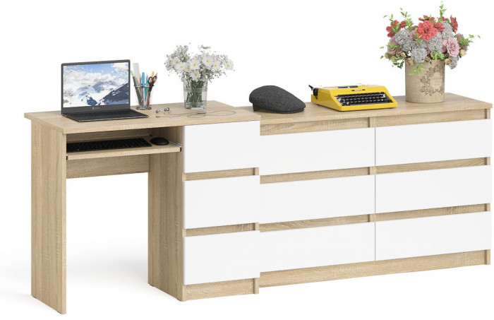 Мори Стол компьютерный МС-6 правый + Комод МК1200.6, цвет дуб сонома/белый, ШхГхВ 210,4х50х76,6 см., выдвижные ящики справа, НЕ универсальная сборка